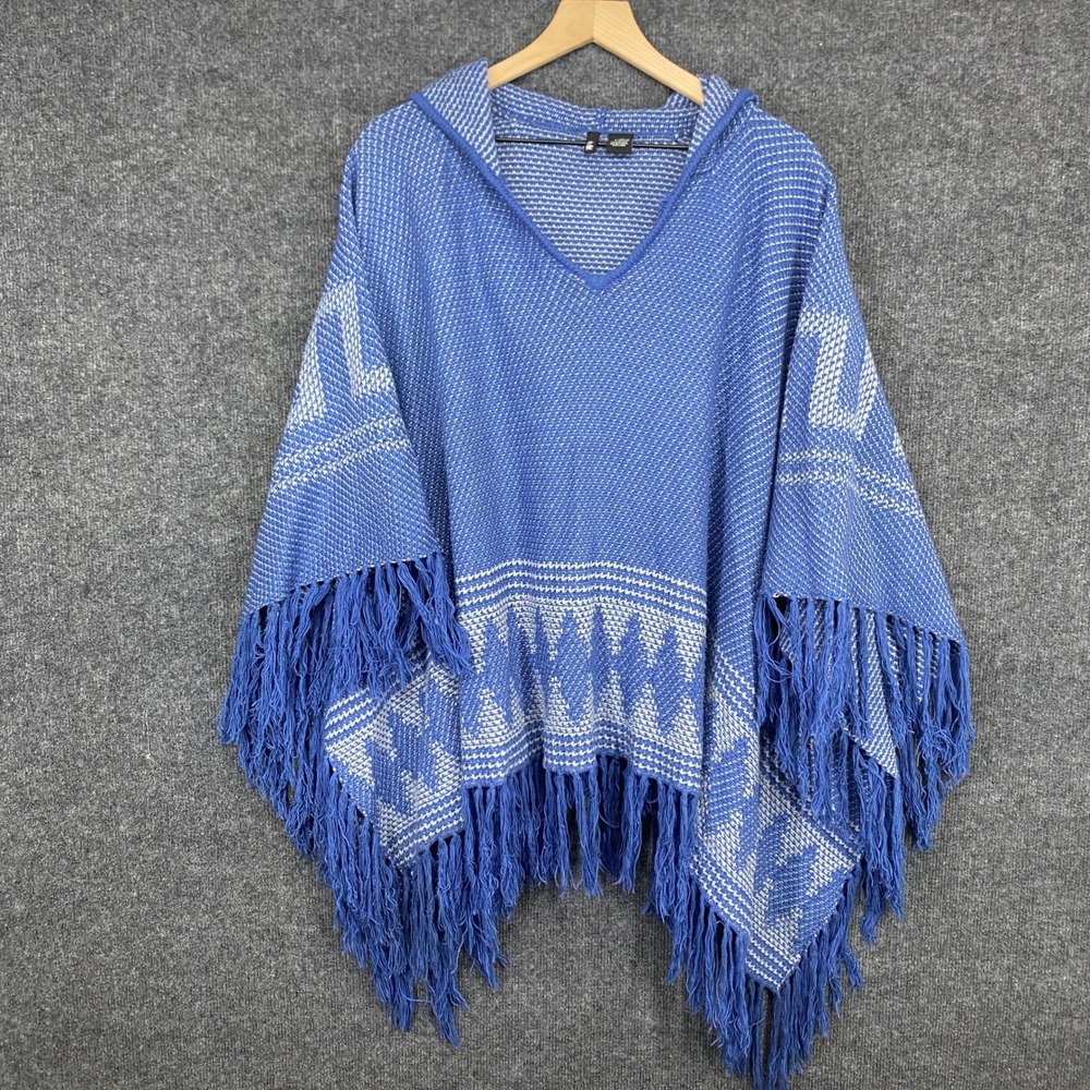 Ultra Flirt Blue White Geometric Hooded Fringed Knit Poncho Wrap 6043 L/XL